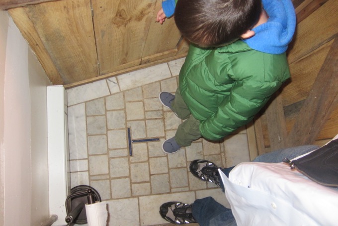 Here is an example of something that Damian will get "stuck" on. That 'T' for Thorncrest "shouldn't" be on the bathroom floor. It's a whole thing with him.