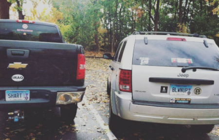 Hall of Fame plate right here, on the left.  And the Purple Heart on the car on the right makes this not funny. (Courtesy of Jon Stankiewicz)