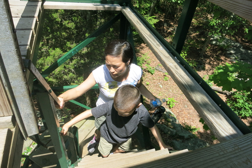 ... And finally, up the tower itself. These types of stairs are pretty terrifying for Damian, but he did it!