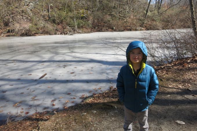 The first frozen pond.  We stopped here to throw sticks and rock on the ice for a good 10 minutes