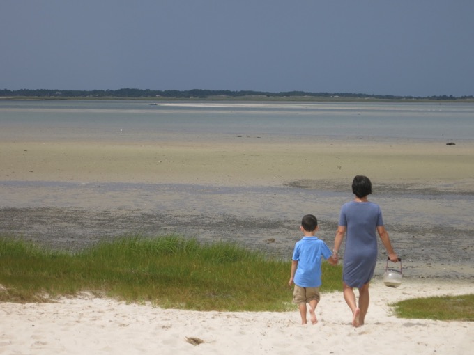 Calvin and Hoang going to check out the little beach... and to release "Crabby" the hermit crab we'd kept all week.